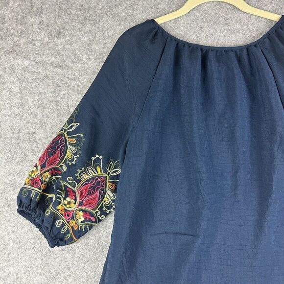 Olivia & Martin Woven Top Womens M Blue Embroidered Sleeves Boho Pullover Blouse - Picture 7 of 12